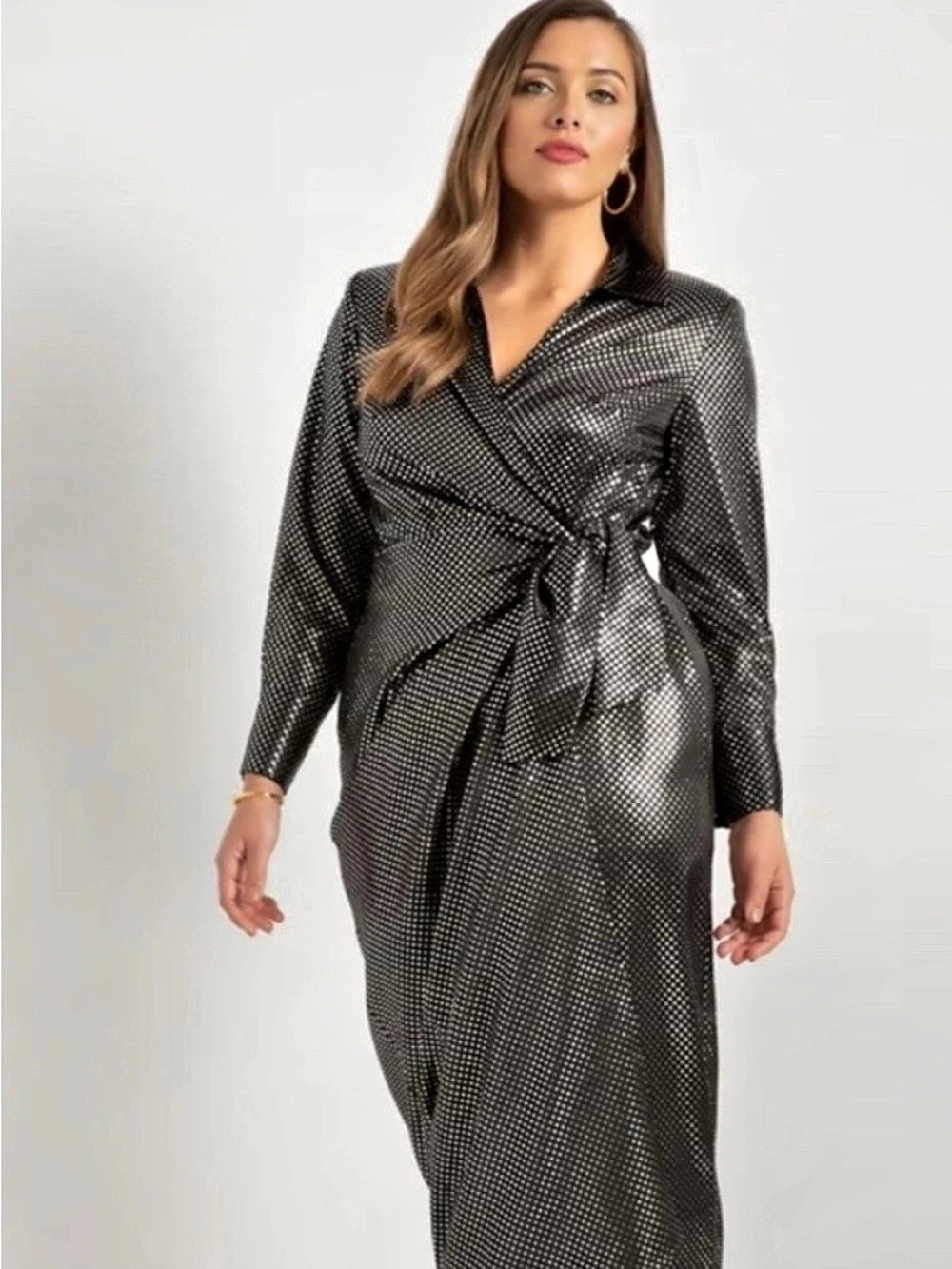 Eloquii Sparkle Satin Wrap Dress Black Geometric Maxi Dress